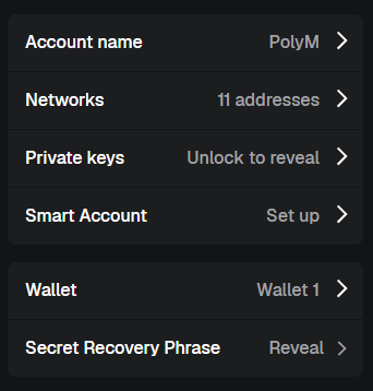 MetaMask — mesmo ecrã Account details, mostrando também a opção Secret Recovery Phrase, que não deve ser usada